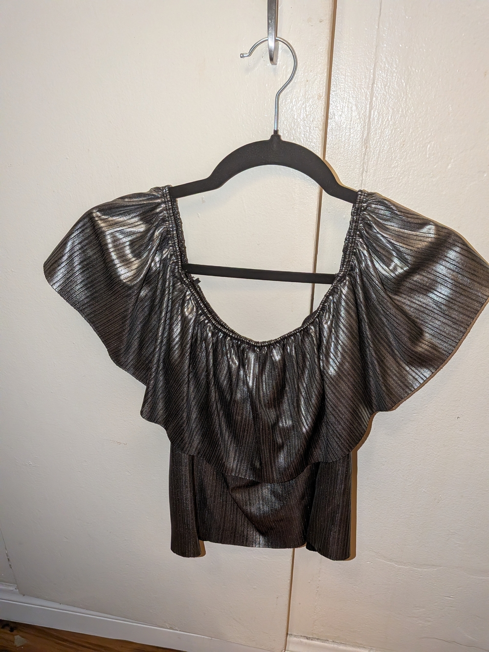 Shimmery Metallic Black Ruffle Off-Shoulder Top